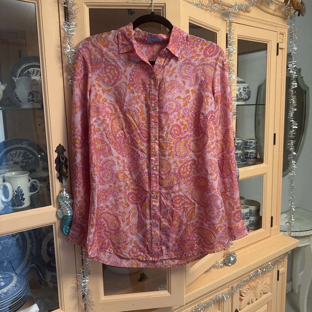 J. McLaughlin Paisley Print Long Sleeve Silk Button-Up blouse